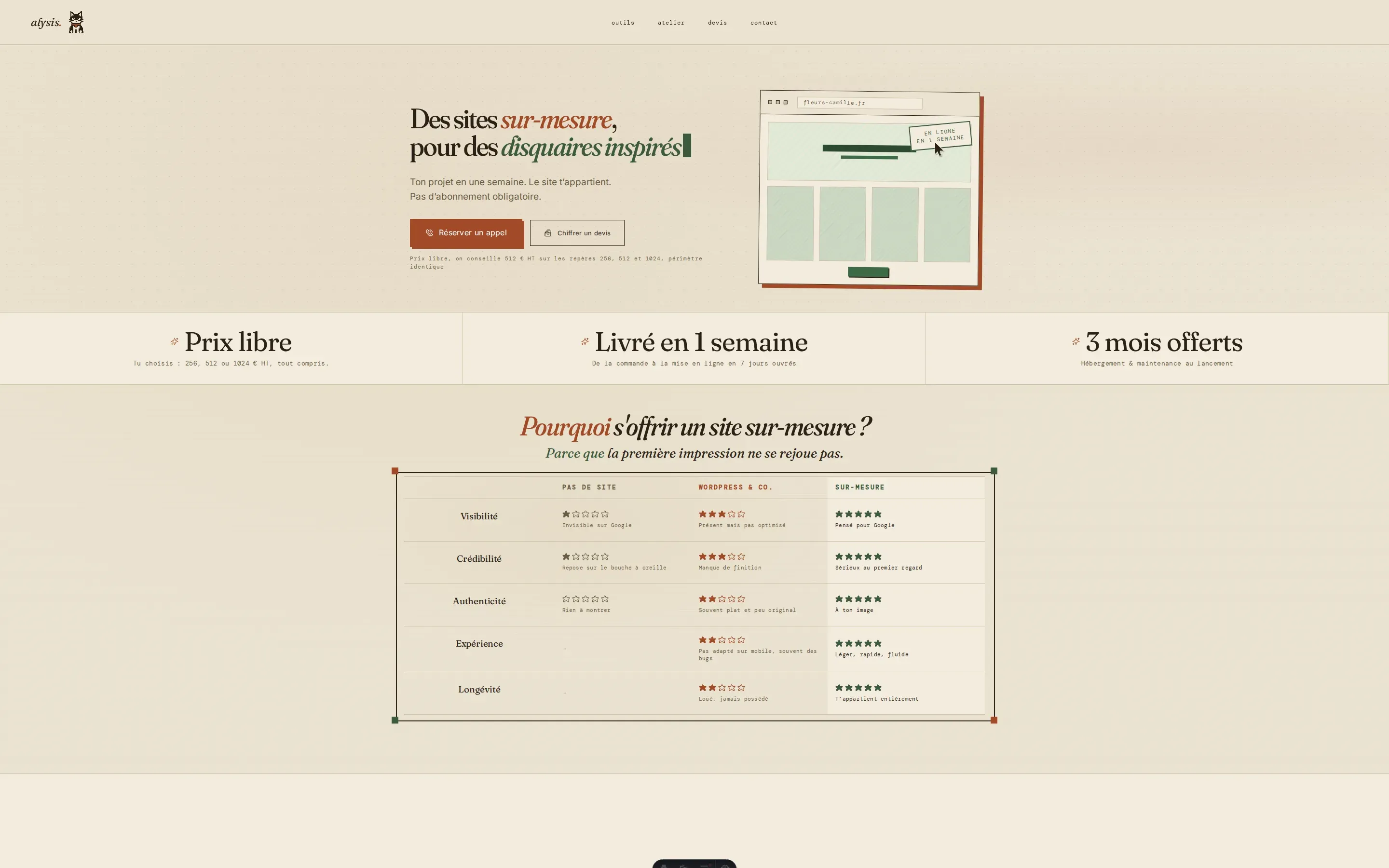 Accueil d'alysis : fond crème texturé, grand titre en serif italique, accents terre cuite, et des pictogrammes en pixel art affichés sans lissage, pixels bien carrés.