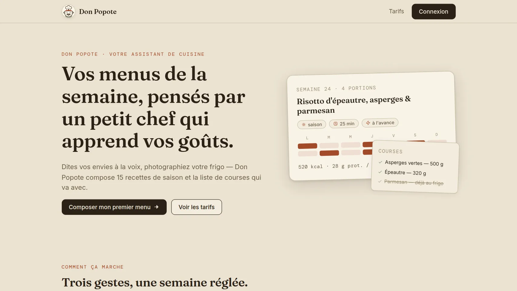 Page d'accueil de Don Popote, l'assistant de cuisine d'alysis