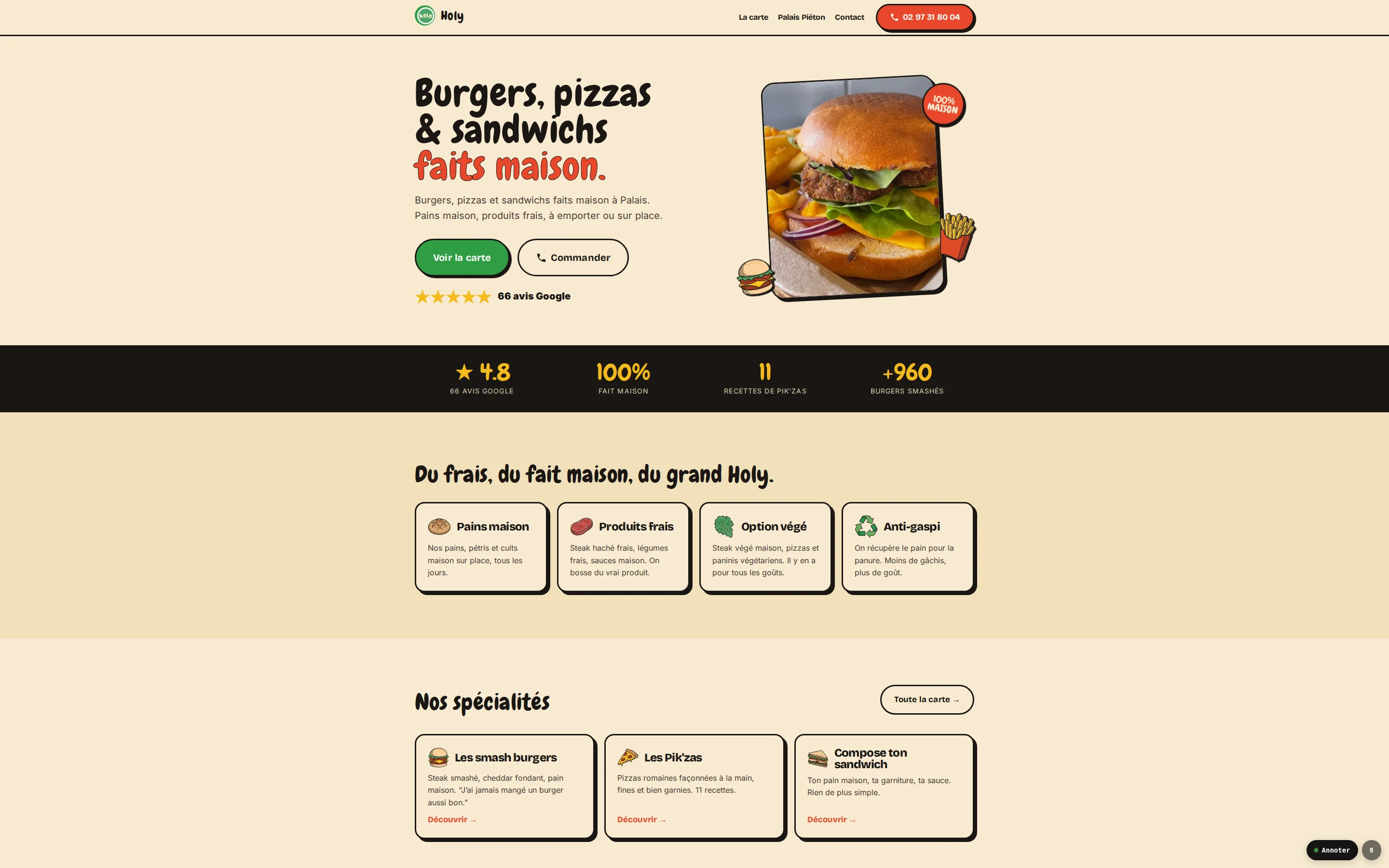 Page d'accueil du site Holy : titre « Burgers, pizzas & sandwichs faits maison », photo de burger dans un cadre incliné à bord noir, pastille « 100% maison » et numéro de téléphone.
